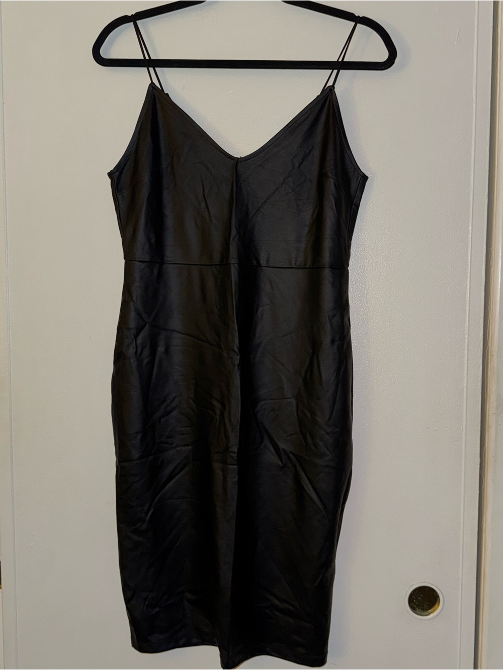 Forever 21 Black Faux Leather Midi Slip Dress with V-Neck